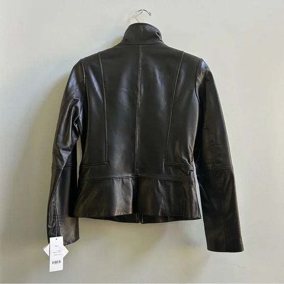 NWT Tahari Perry Women's Black Lamb Leather Ruffled Front Zip Jacket, Size Small - Picture 4 of 9